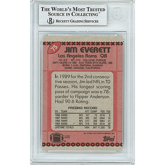 Jim Everett Signed 1990 Topps Football Card L.A. Rams Beckett Slab BAS Autograph - Picture 2 of 4